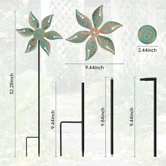 2 Pack Wind Spinners Outdoor Clearance Metal Vintage Green,Wind Sculpture Small Iron Windmill is Decorative Garden Stakes for Patio Lawn Outdoor Yard Lawn Garden Decor