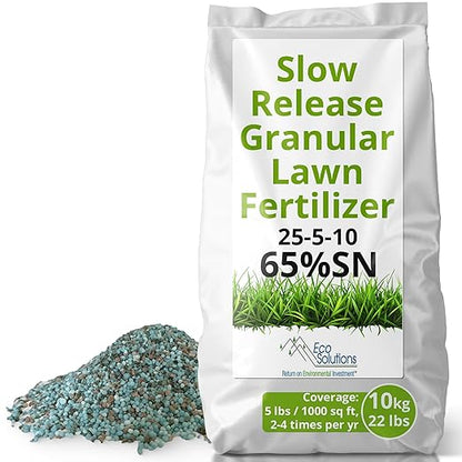 Slow Release Lawn Fertilizer 25-5-10 NPK - 65% Granular Nitrogen Formula for Deep Feeding up to 110 Days - 10kg (22lbs) Bag - Kid & Pet Safe Lawn Care for Lush Green Grass