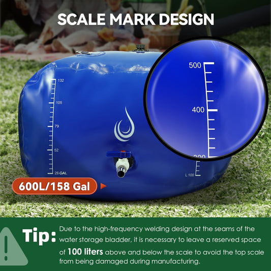 LANUEVA 158 Gal/600L Portable Water Storage Bladder, 1000D PVC Foldable Water Tank with Spigots and Overflow Kit, Water Storage Containers for Emergency Water, RV, Irrigation&Camping (Blue, 600L)