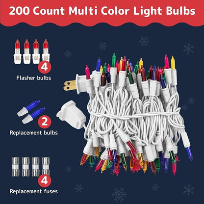 PREXTEX 200 Ct. Multi-Color Christmas Tree Lights with White Wire - 40 Ft Holiday String Lights for Indoor and Outdoor Use - Multicolor Twinkle Christmas Tree Decoration with End-to-End Connectors