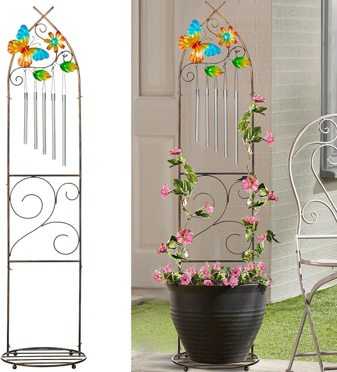 Garden Trellis with Plant Stands, 48” Metal Detachable Butterfly Plant Pot Trellis with Wind Chimes for Climbing Plants Outdoor Lawn Patio Porches Decor