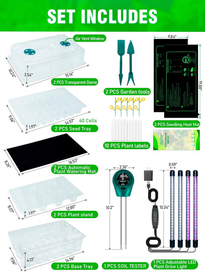 Self-Watering Seed Starter Tray with Grow Light and Heat Mat, 80-Cell Plant Starter Trays Seed Starter Kit, Seed Starter Tray for Seed Starting, Plant Germination & Seedling Growing, 2 Pack