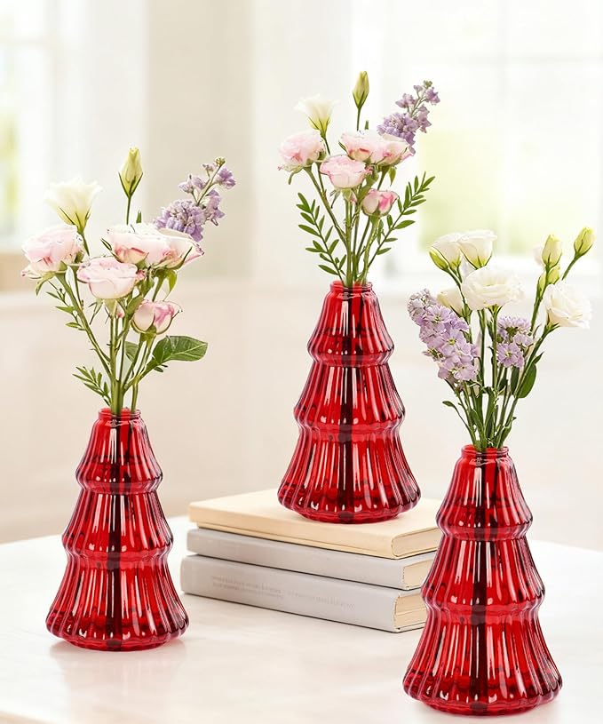Nacome Christmas Tree Propagation Stations: 3PCS Plant Terrarium Glass Vases for Home Office Decor, for Plant Lovers Women Mom (Red)