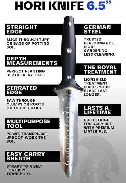 DALSTRONG Hori Hori Garden Knife - 6.5 inch - Straight Edge + Serrated Edge - Gladiator Series Elite - Forged German Steel - Sheath Guard Included - Weeding, Cutting, Digging, Planting - NSF Certified
