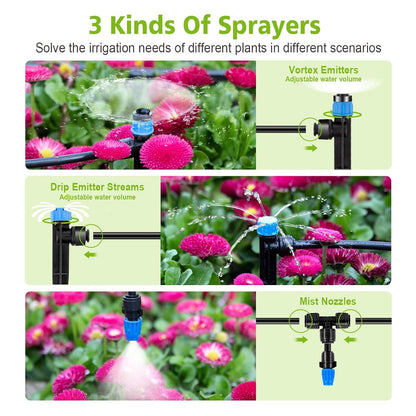 230FT New Quick-Connect Drip Irrigation System Kit, Automatic Garden Watering Misting System for Greenhouse, Yard, Lawn, Plant with 1/2 inch Hose 1/4 inch Distribution Tubing and Accessories