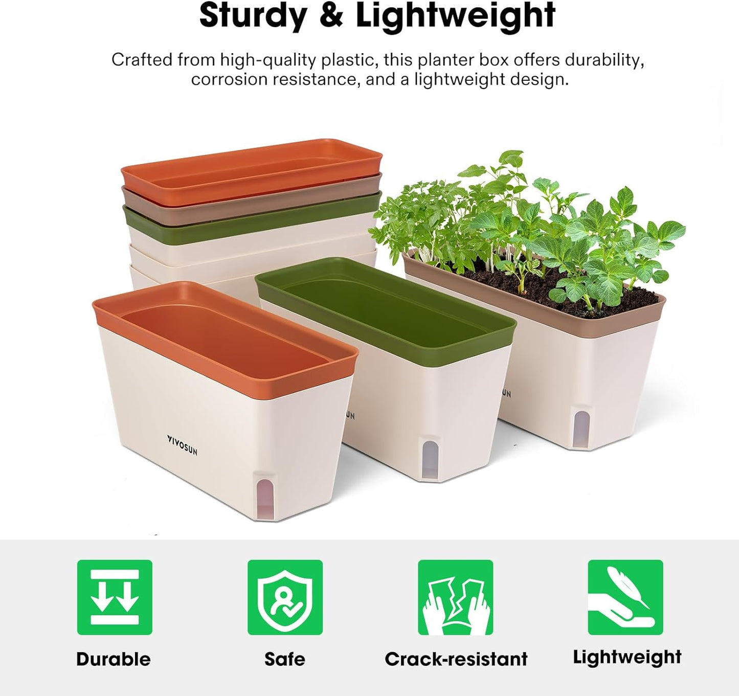 VIVOSUN Self-Watering Planters, 6-Pack 10.5 Inch Compact Rectangular Window Herb Planter Box with 10 PCS Plant Labels, Plant Container for Basil, Flowers, Succulents, Indoor & Outdoor