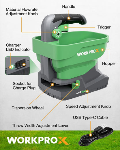 WORKPROX Battery Powered Fertilizer Spreader, 7.2V Seed Spreader for Salt, De-Icer, Earth Food, Rechargeable Grass Seed Spreader with 8-Level Settings and Holds up to 6458 sq.ft. of Product