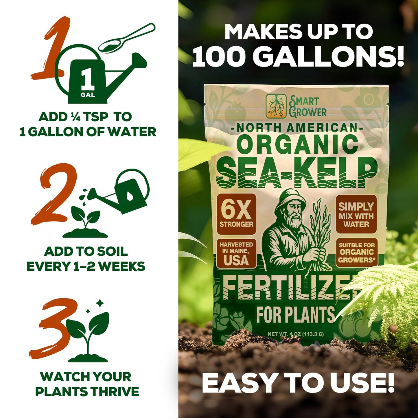 Organic Sea Kelp Fertilizer for Plants – Water-Soluble – Makes 100 Gallons – Kelp Meal Concentrate Plant Food – for Indoor Gardens, Hydroponics, Vegetables, Houseplants - Smart Grower - 4oz Bag