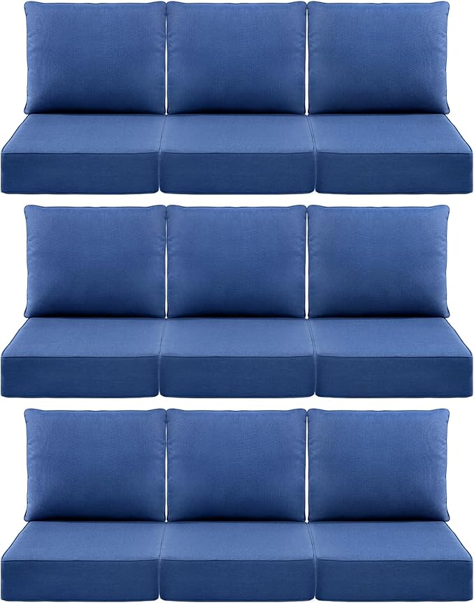 Luxury 6" Outdoor Cushions for Patio Furniture, 24x24x6" Thick Seat Cushion Set of 9, Fade Resistant Couch Chair Replacement Cushions High Density Deep Wicker Chair Cushion w/ Removable Cover, Blue
