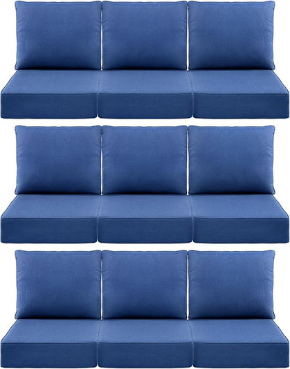 Luxury 6" Outdoor Cushions for Patio Furniture, 24x24x6" Thick Seat Cushion Set of 9, Fade Resistant Couch Chair Replacement Cushions High Density Deep Wicker Chair Cushion w/ Removable Cover, Blue