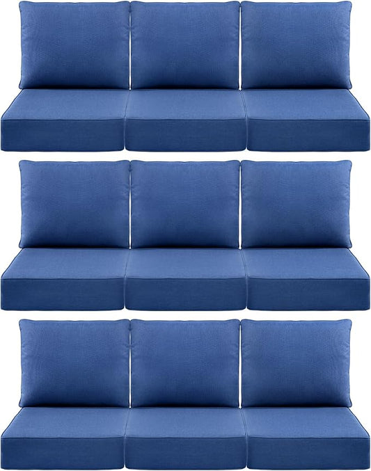 Luxury 6" Outdoor Cushions for Patio Furniture, 24x24x6" Thick Seat Cushion Set of 9, Fade Resistant Couch Chair Replacement Cushions High Density Deep Wicker Chair Cushion w/ Removable Cover, Blue