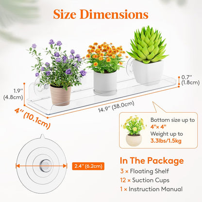 Lifewit Window Plant Floating Shelves 15 x 4 inch, 3 Pack Acrylic Suction Cup Shelf, Window Sill Extender for Indoor Succulent Plants, Micro Greens, Seed Starter Pots, Herb Planters