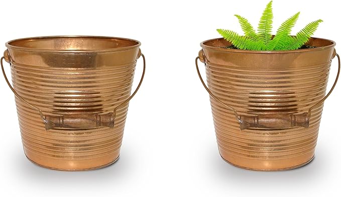 Headwind Robert Allen Vintage Ribbed Metal Planter with Handle, 10-Inch, New Penny – Lightweight Indoor/Outdoor Flower Pot with Drainage Hole