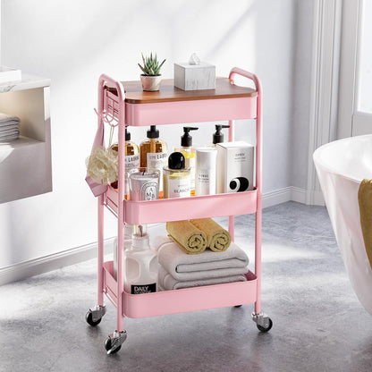 TOOLF 3-Tier Rolling Cart with Table Top, Metal Storage Cart on Wheels, Utility Organizer with Wooden Tray, Lockable Casters, Easy Assembly for Bathroom, Living Room, Office, Bedside, Pink