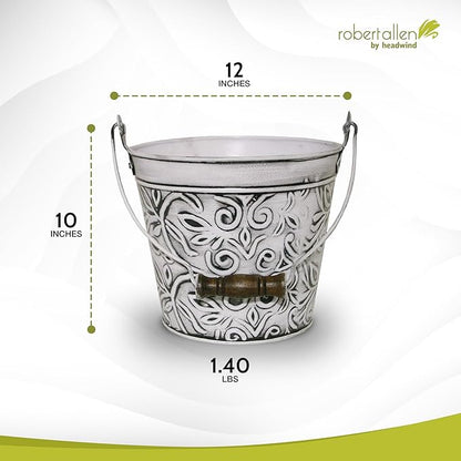 Headwind Robert Allen Vintage Floral Metal Planter with Handle, 12-Inch, Rustic White – Lightweight Indoor/Outdoor Flower Pot with Drainage Hole