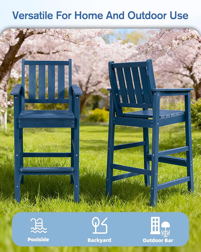 QUASCO Outdoor Adirondack Bar Chairs and Table Set of 5, HDPE Patio Bar Height Table and 4 Adirondack Chairs, All Weather Outdoor Bar Stools Set for Bistro, Poolside, Balcony, Navy