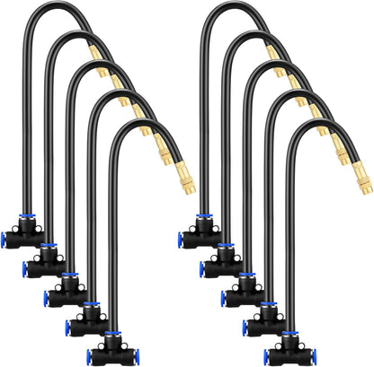 Zonon 10 Pcs Brass Misting Nozzles Tee with 16 Inch Built in Hose 360 Degree Rotation Adjustable Water Mister Nozzles Thread Sprayer 0.043" Misting Parts and Accessories for Patio Outdoor Cooling