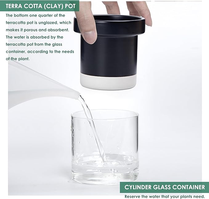 Phoenix Vine 4 Inch Self Watering Planter Pot, Black Terracotta Clay Pot with Glass Reservoir for Indoor Plants, Herbs, Flowers, Set of 4, 52-C-E-4