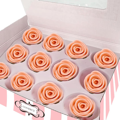 Confect Edible Rose Cake Toppers | Cupcakes & Doughnut Toppers | Roses for Cake Decorations | Edible Pretty Peach Pearl Roses - Vegan, Gluten-Free, Nut-Free, Dairy-Free, Palm Oil-Free -Pack of 12