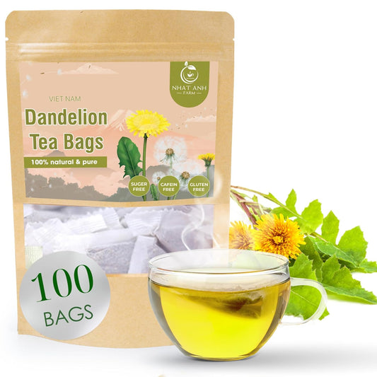 NHAT ANH FARM - Premium Dandelion Tea Bags, 100 Tea Bags, 100% Natural Dried Dandelion Leaves, Naturally Sweet Herbal Tea, Sugar-Free, Caffeine-Free, No Additives.