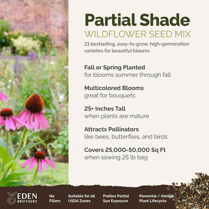 Eden Brothers Partial Shade Wildflower Mixed Seeds for Planting, 25 lb, 12,000,000+ Seeds with Sweet William, Foxglove | Attracts Pollinators, Plant in Spring or Fall, Zones 3, 4, 5, 6, 7, 8, 9, 10
