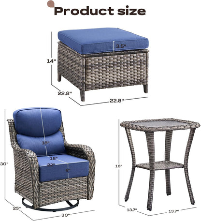 Wicker Outdoor Patio Furniture Set - 5 Piece Patio Conversation Sets with Swivel Rocker Chairs, Ottomans and Side Table, 6 inch Cushions, Waterproof Wicker, for Porch Deck Mixed Grey/Blue