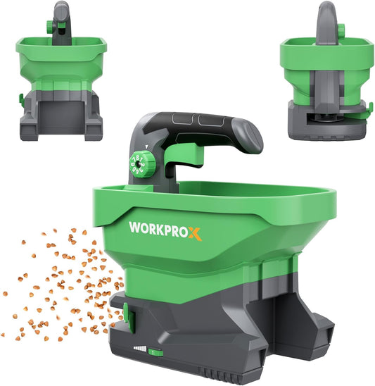 WORKPROX Battery Powered Fertilizer Spreader, 7.2V Seed Spreader for Salt, De-Icer, Earth Food, Rechargeable Grass Seed Spreader with 8-Level Settings and Holds up to 6458 sq.ft. of Product