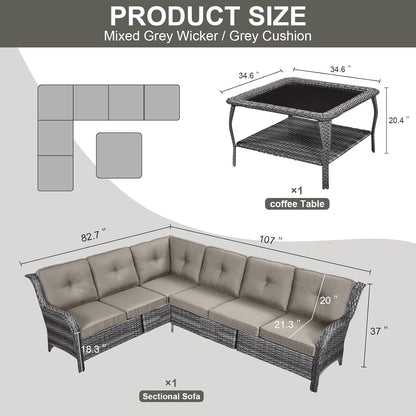 Outdoor Furniture Sectional Sofa L Shaped Couch - Patio Wicker Furniture Set with Coffee Table, 3 Piece Rattan Patio Conversation Sets with Gray Cushion for Deck Backyard Sunroom