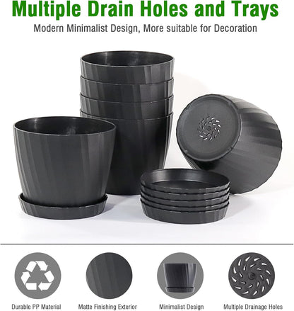 6 Inch Plant Pots Bulk, 6 Pack Plastic Planters with Drainage Holes and Saucers for Indoor Outdoor House Plants and Flowers, Black