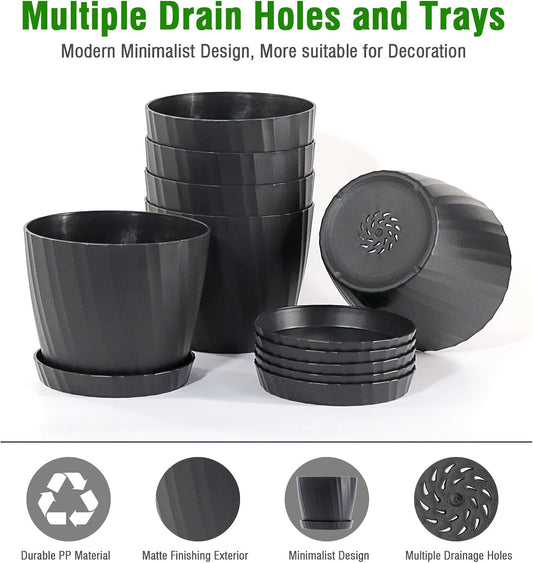 6 Inch Plant Pots Bulk, 6 Pack Plastic Planters with Drainage Holes and Saucers for Indoor Outdoor House Plants and Flowers, Black
