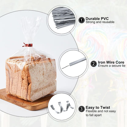 HARFINGTON 800pcs Bag Twist Ties 4.7" Reusable Plastic Metallic Twist Ties Wire Cable Ties for Party Bread Candy Cake, Silver