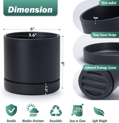 Phoenix Vine 6 Inch Planter Pot with Drainage Hole & Saucer, Deep Water Catch Tray, Straight Cylindrical Round Pot for Plants, Matte Black, Pack of 4, 23-C-S-4