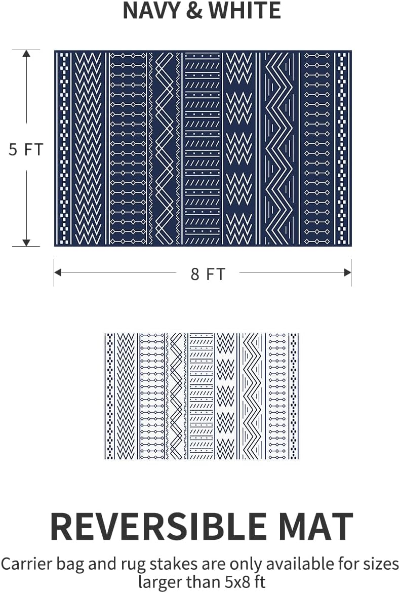 Outdoor Rug Carpet Waterproof 5x8 ft Patio Rug Mat Indoor Outdoor Area Rug for RV Camping Picnic Reversible Lightweight Plastic Straw Outside Rug for Patio Decor Decoration Boho Rug Navy Blue White