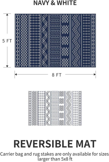 Outdoor Rug Carpet Waterproof 5x8 ft Patio Rug Mat Indoor Outdoor Area Rug for RV Camping Picnic Reversible Lightweight Plastic Straw Outside Rug for Patio Decor Decoration Boho Rug Navy Blue White