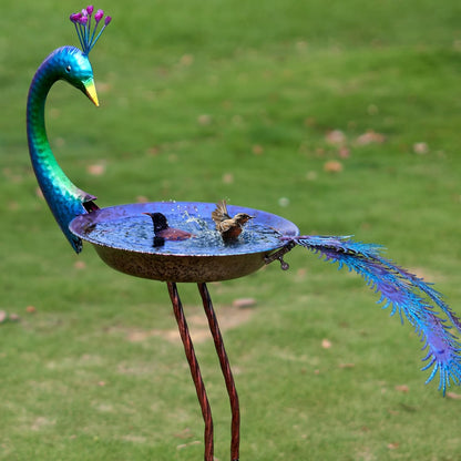 12.8" W*38.2" H Peacock Bird Baths for Outdoor, Metal Bird Feeder Seed Trayr,Bird Bath Drinker Plate, Garden Lawn Yard Decor(Multicolor)