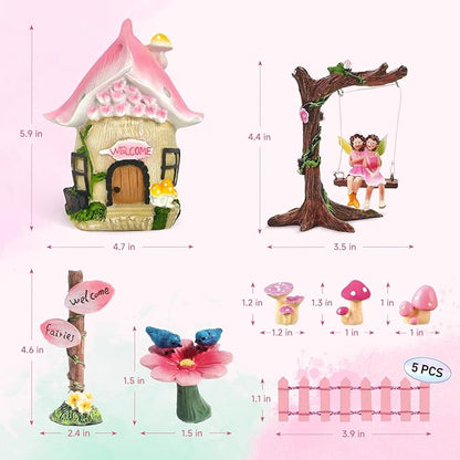DONABELA Fairy Garden Decor Kit Pink Resin Miniature House Figurines Set Swing Directional Sign Bird Drinking Pool Fence Little Mushroom Outdoor Tiny Accessories Supplies