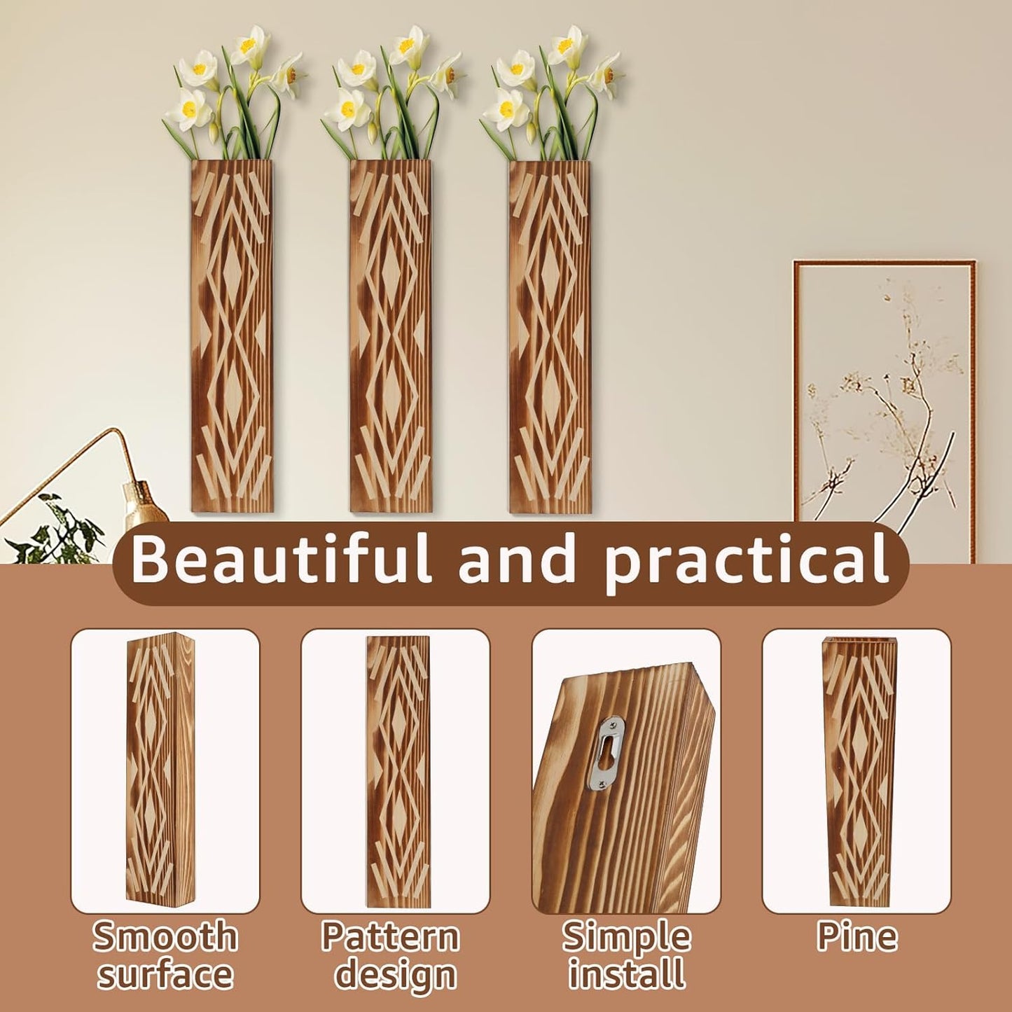 3PCS Wood Wall Planter for Indoor Plants, Wall Planter Vase, Stylish Wood Hanging Vase, Decorative Wood Wall Pocket Vase, Rectangular Hanging Planter for Living Room Bedroom Office(Brown)
