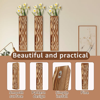 3PCS Wood Wall Planter for Indoor Plants, Wall Planter Vase, Stylish Wood Hanging Vase, Decorative Wood Wall Pocket Vase, Rectangular Hanging Planter for Living Room Bedroom Office(Brown)
