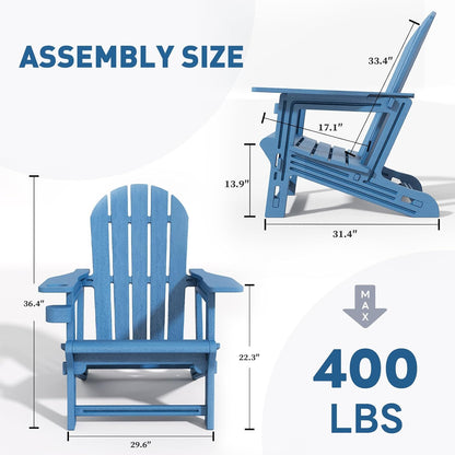 Adirondack Chairs Set of 4, Tool-Free Assembly All-Weather Plastic Adirondack Chairs, HDPE Fire Pit Chairs with Cup Holder, Outdoor Chair for Patio Garden (Blue)