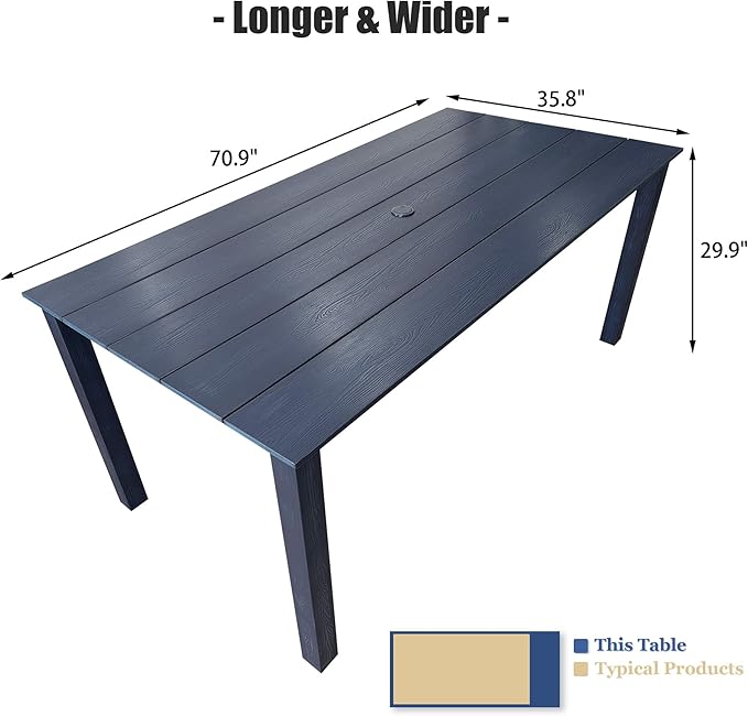 Poly Lumber Patio Dining Set, HIPS Outdoor 70.9-Inches Dining Table and Ladder Back Chairs, with Umbrella Hole, Weather Resistant (Navy Blue, 7 Piece)