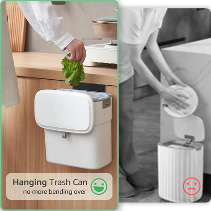 Hanging Trash Can with Lid, 2.3 Gallon Kitchen Garbage Bin Food Waste Container Convenient Durable Over Cabinet Door RV Counter Camping Cupboard Under Sink Compost Bathroom Wall Mounted