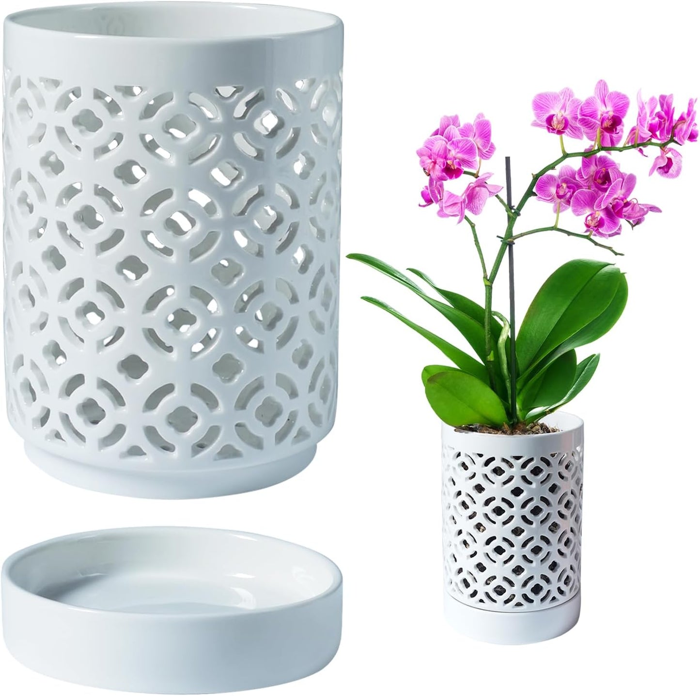 Orchid Pot 4 Inch, Orchid Pots with Holes & Saucers for Repotting, Breathable Slotted Orchid Pots Flower Plant Nursery Pot White