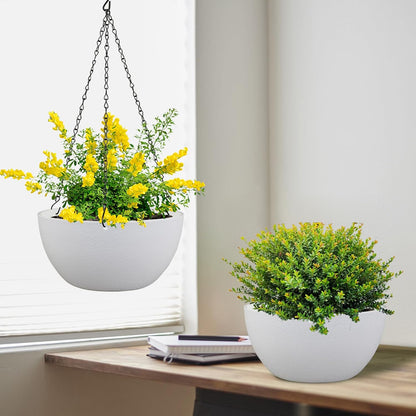 12 inch Large Hanging Planters for Indoor Outdoor Plants, 2 Pack Hanging Flower Pots with Drainage Holes and Chain for Garden Porch, Plastic Hanging Baskets for House Plants, White