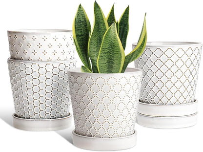EFISPSS Ceramic Plant Pots Indoor, 5 Inch Planters with Drainage Holes and Ceramic Tray, Relief Design Flower Planter, Desktop Office Windowsill Decoration Gift Set of 4, White