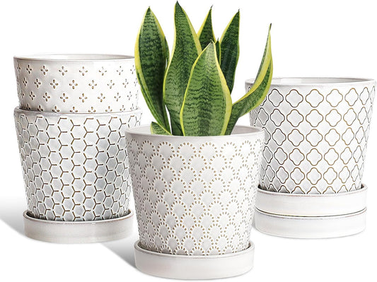 EFISPSS Ceramic Plant Pots Indoor, 5 Inch Planters with Drainage Holes and Ceramic Tray, Relief Design Flower Planter, Desktop Office Windowsill Decoration Gift Set of 4, White