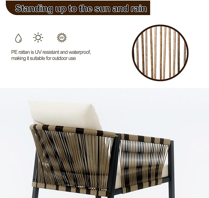 DECMICO 3-Piece Outdoor Wicker Patio Conversation Set, Rocking Bistro Chairs with Round Coffee Table for Small Space Balcony Backyard Garden, Beige