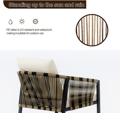 DECMICO 3-Piece Outdoor Wicker Patio Conversation Set, Rocking Bistro Chairs with Round Coffee Table for Small Space Balcony Backyard Garden, Beige