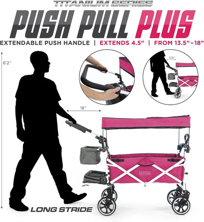 Creative Outdoor Wagon for Kids Push Pull Collapsible Stroller with Canopy Folding Cart | Titanium Series Plus | Beach, Park, Garden (Solid Pink)