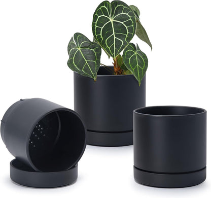 Phoenix Vine 6 Inch Planter Pot with Drainage Hole & Saucer, Deep Water Catch Tray, Straight Cylindrical Round Pot for Plants, Matte Black, Pack of 3, 23-C-S-3