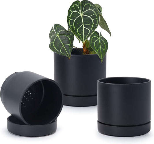 Phoenix Vine 6 Inch Planter Pot with Drainage Hole & Saucer, Deep Water Catch Tray, Straight Cylindrical Round Pot for Plants, Matte Black, Pack of 3, 23-C-S-3